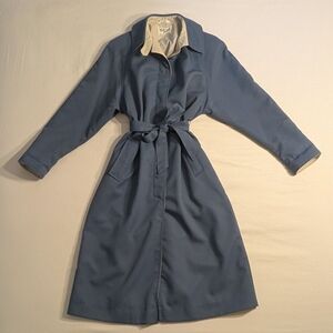 VTG Misty Harbour Niccolini Blue Trench Coat Made in Canada Power Shoulder Belt
